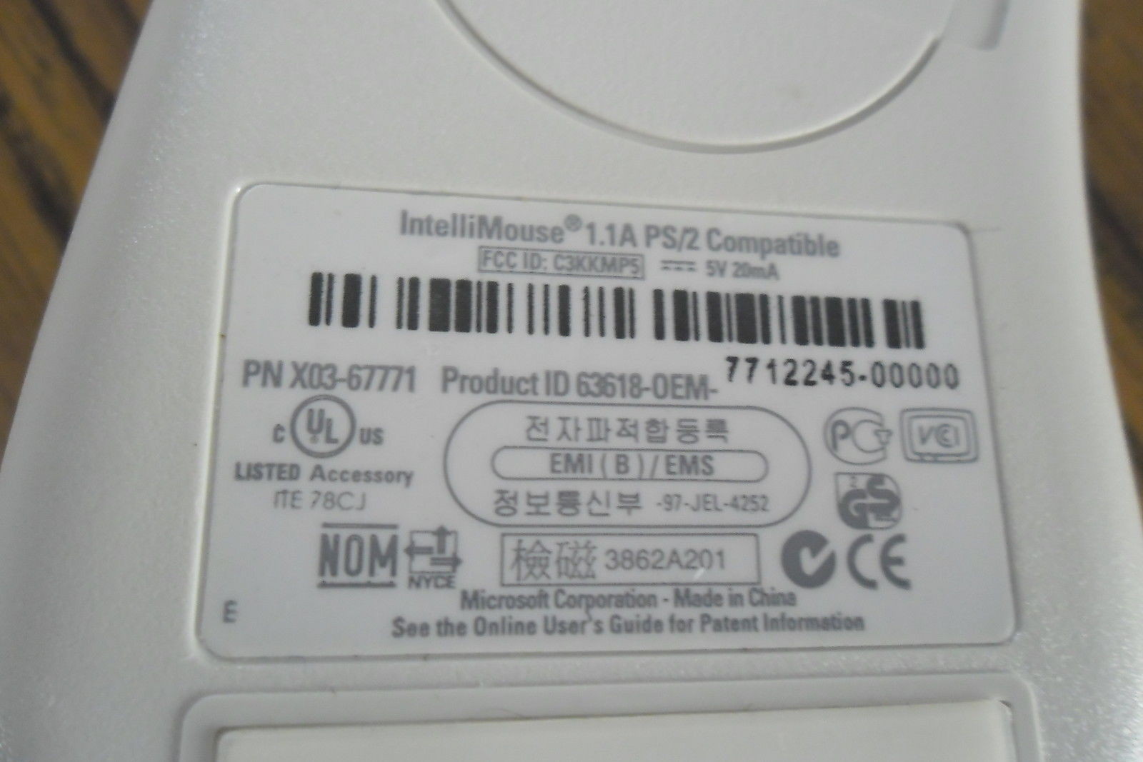 Microsoft 2 Button IntelliMouse 1.1A PS/2 Compatible Mouse P/N X03-67771