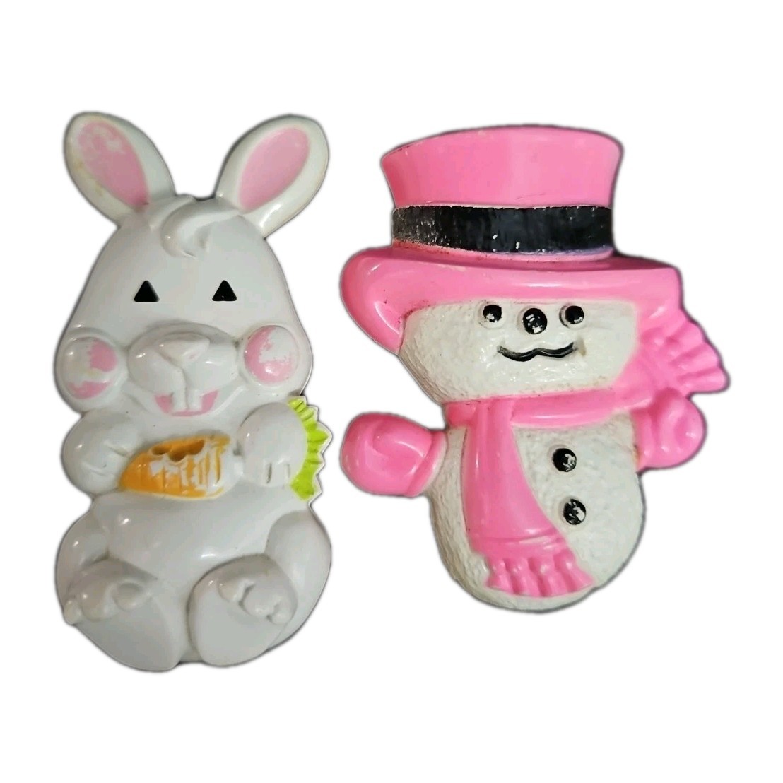 Avon 1974 Vintage Snowman in Pink Top Hat Brooch Pin And 1973 White Bunny 2"