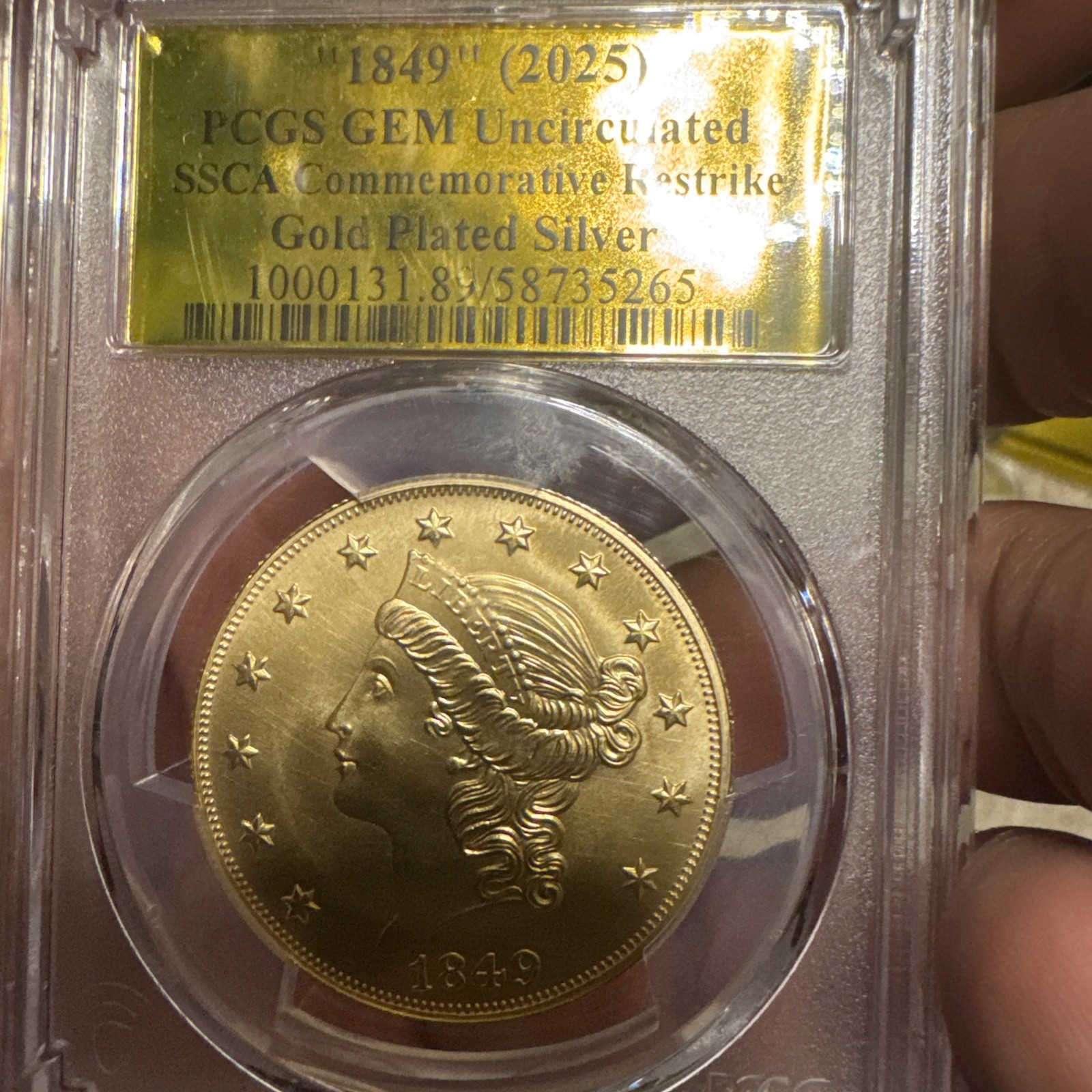 "1849" (2025) $20 SSCA GEM BU-Gold Label- Gold Plated Silver Type I Liberty