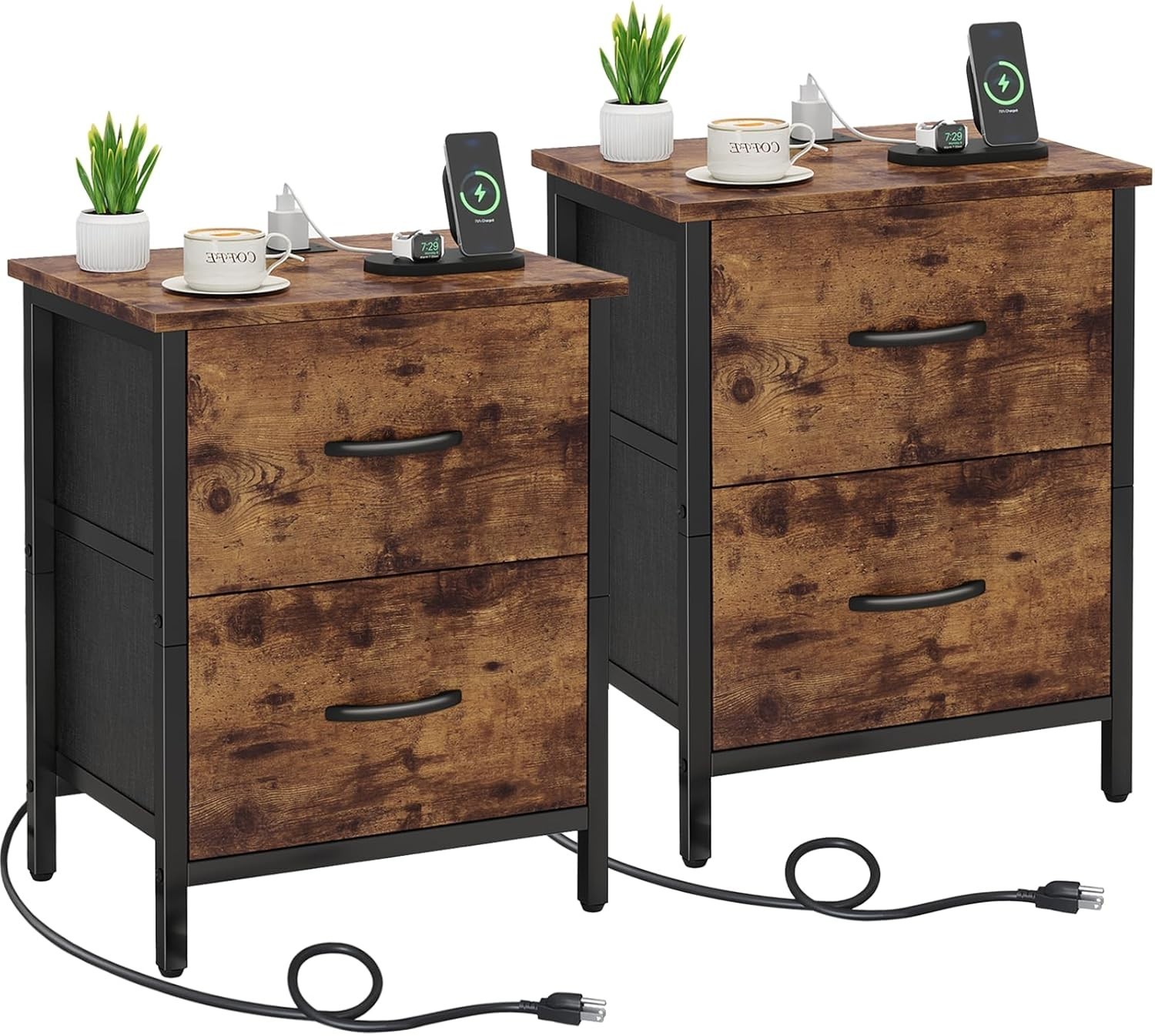 Vagusicc Nightstand Set of 2 with Charging Station, End Table Bedside Table w...