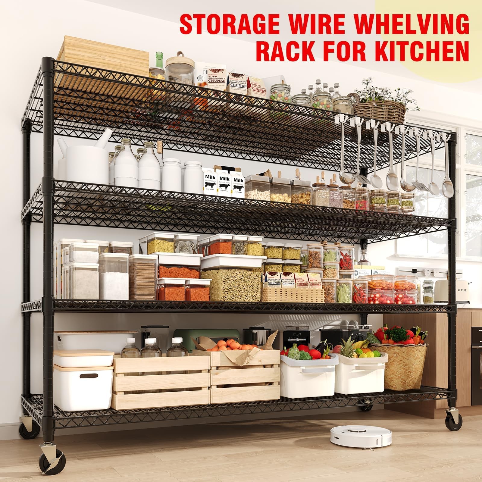 4-Tier Storage Shelving Unit ,Heavy Duty Metal Wire Shelves Garage with Wheels