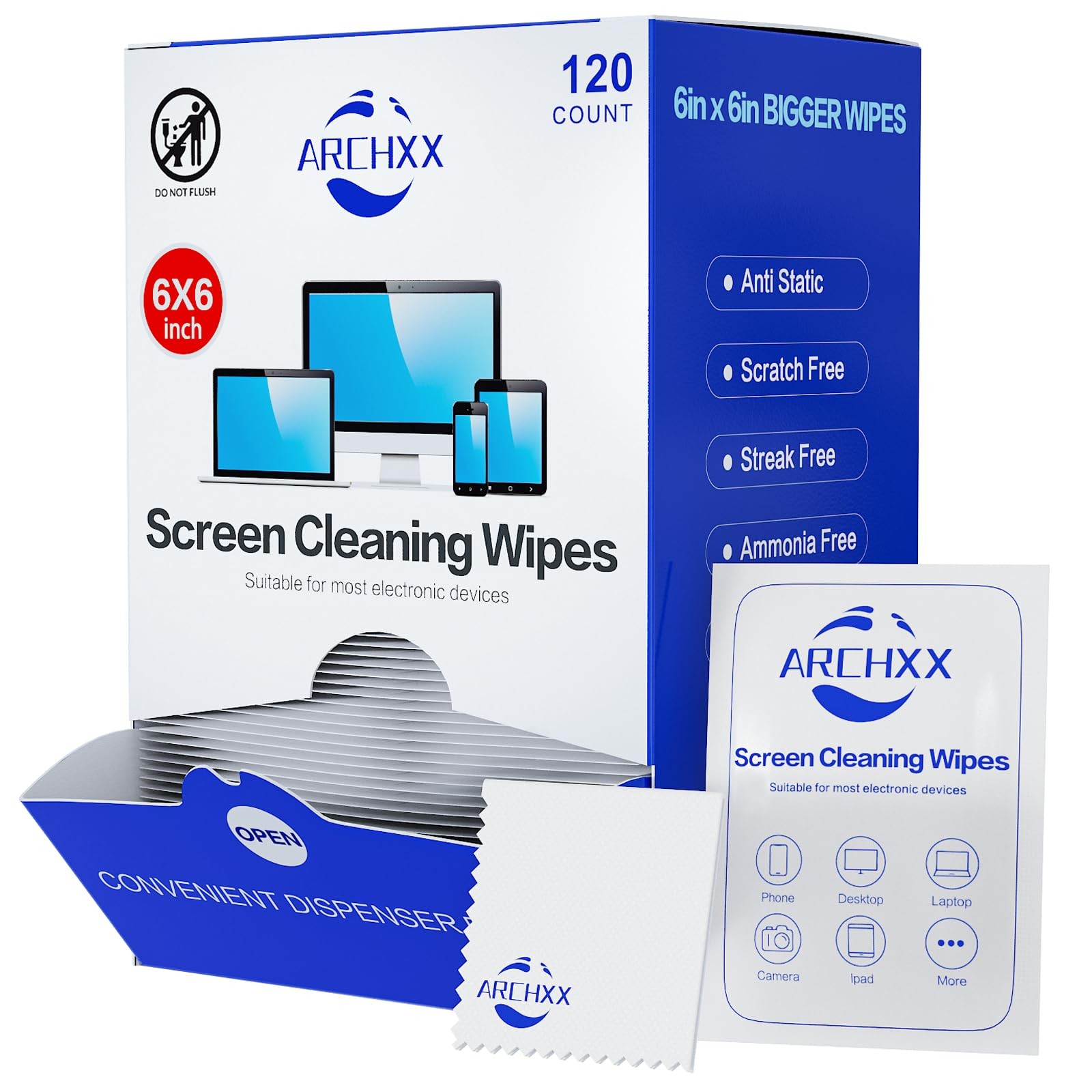 Screen Wipes for Electronics, 120 Count 6"x6" Pre-Moistened Screen Cleaner fo...