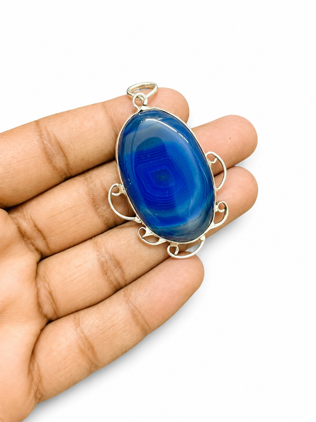 Natural Blue Banded Agate Pendant 925 Sterling Silver Oval Handmade Jewelry