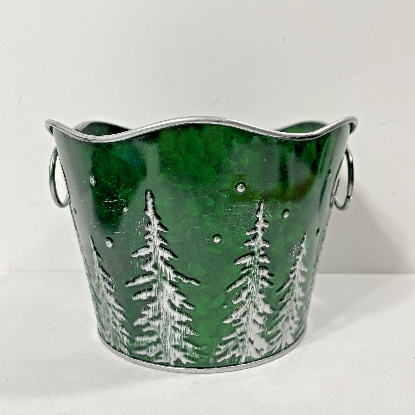 Rustic Forest Green Evergreen Tree Metal Ring Handled Bucket Pail Basket Decor