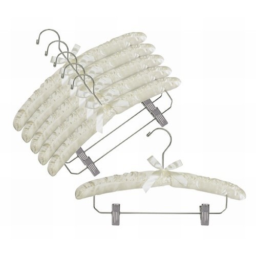Ivory 15" Satin Padded Hanger w/Chrome Hook  and Clips(Pack of 6)