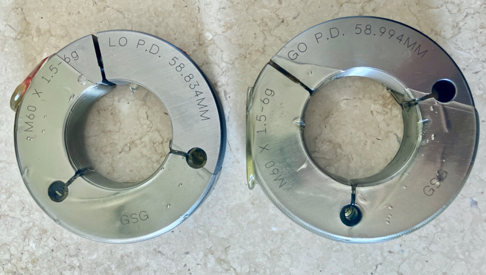 GSG M60 X 1.5 6g METRIC THREAD RING GAGES 60 GO NO GO P.D.'S = 58.994 & 58.834