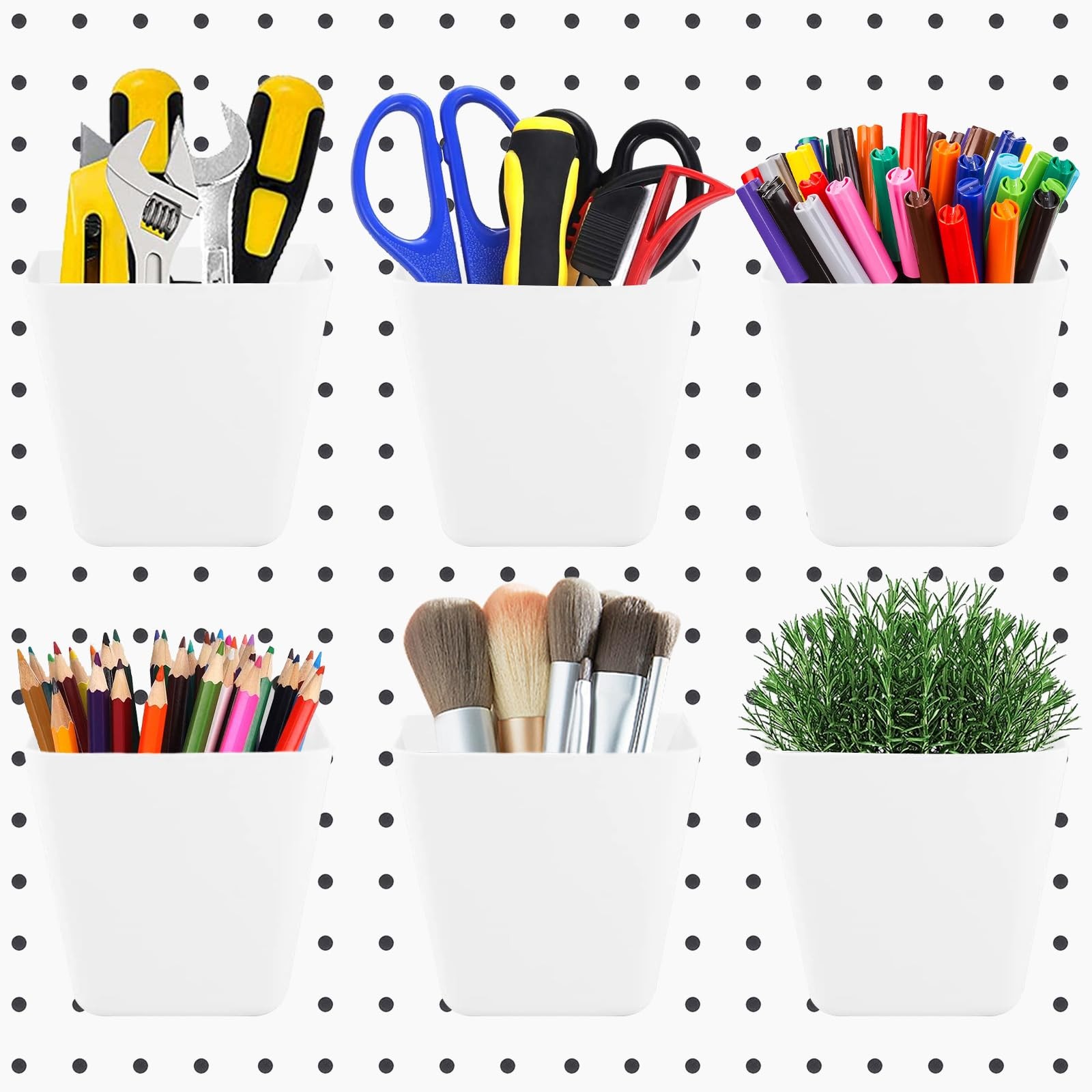 6Pack Pegboard Cups, Large Square Bins with Hooks, White, Polypropylene (PP),...