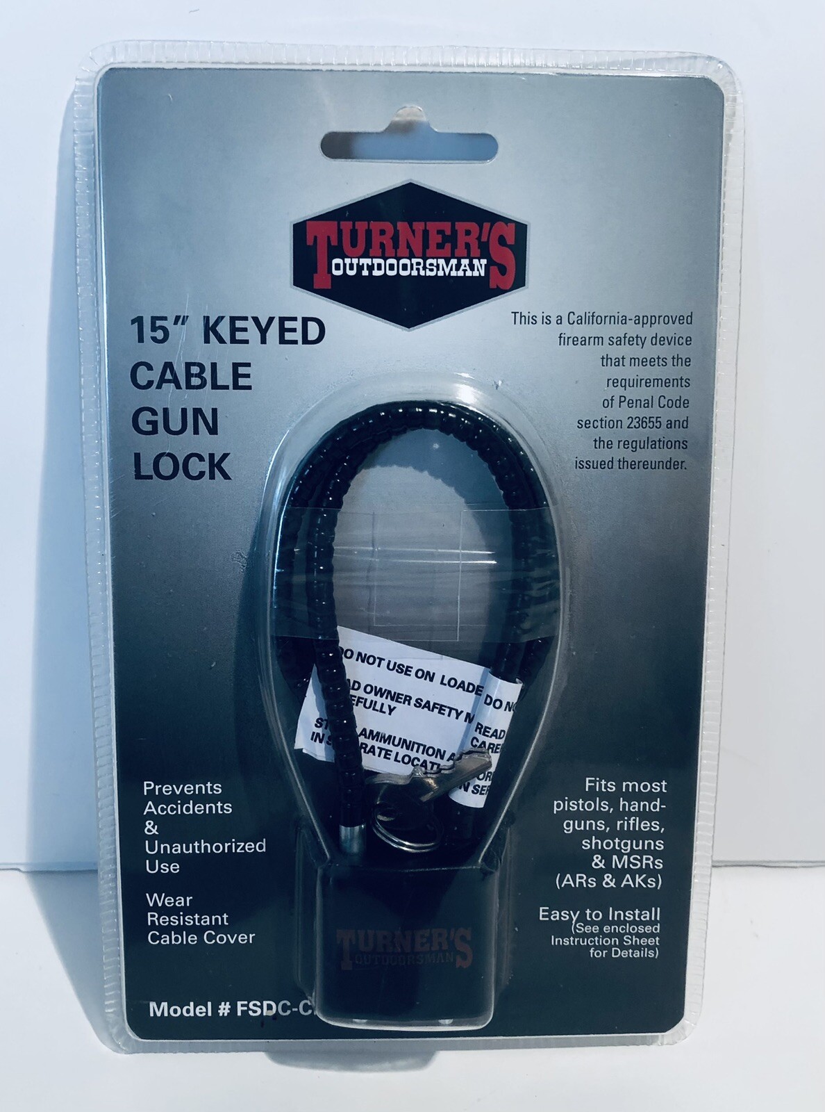 Turner's 15" Keyed Cable Lock California CA Approved Pistols Rifles Shotguns ARs