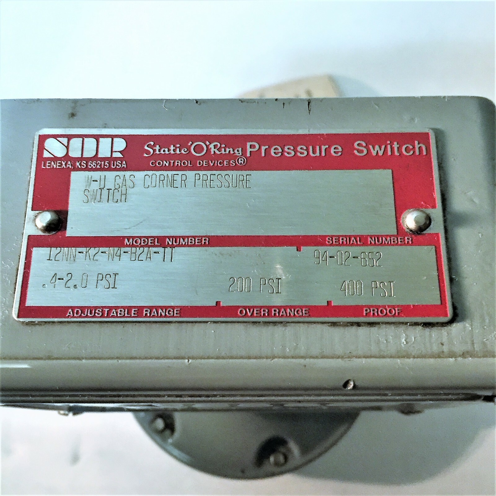 SOR 12NN-K2-N4-B2A-TT W-U GAS CORNER PRESSURE SWITCH