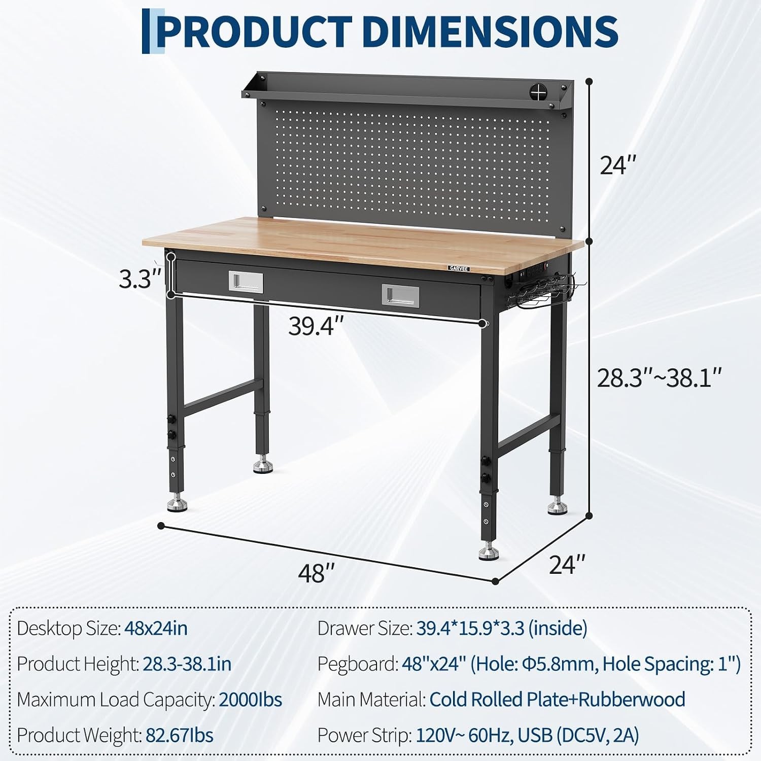 48"x 24"Workbench with Drawer,LED Light&Back Panel,6-Level Adjustable Height