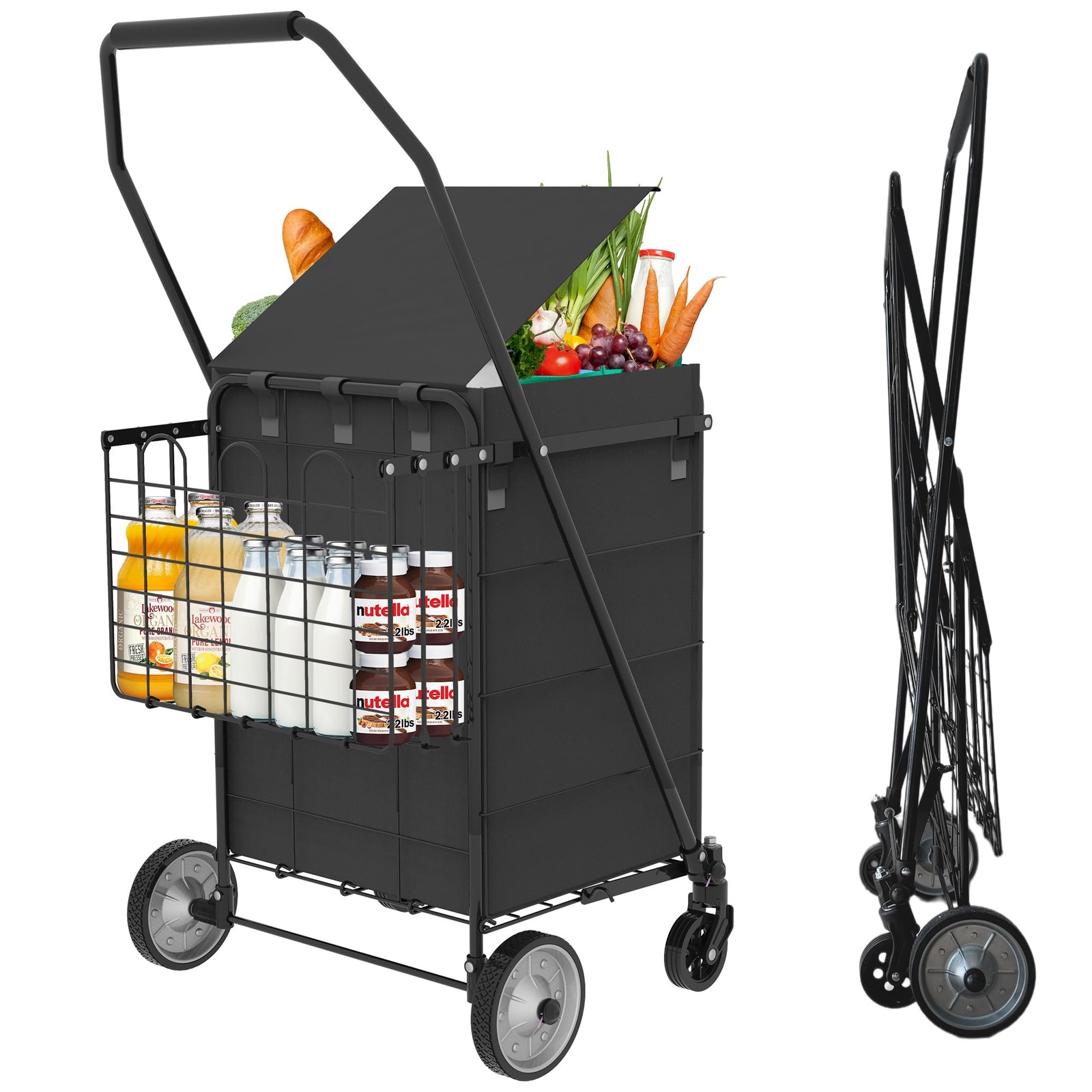 Folding Grocery Cart on Wheels - Waterproof Bag Included, 10-min Assembly Uti...