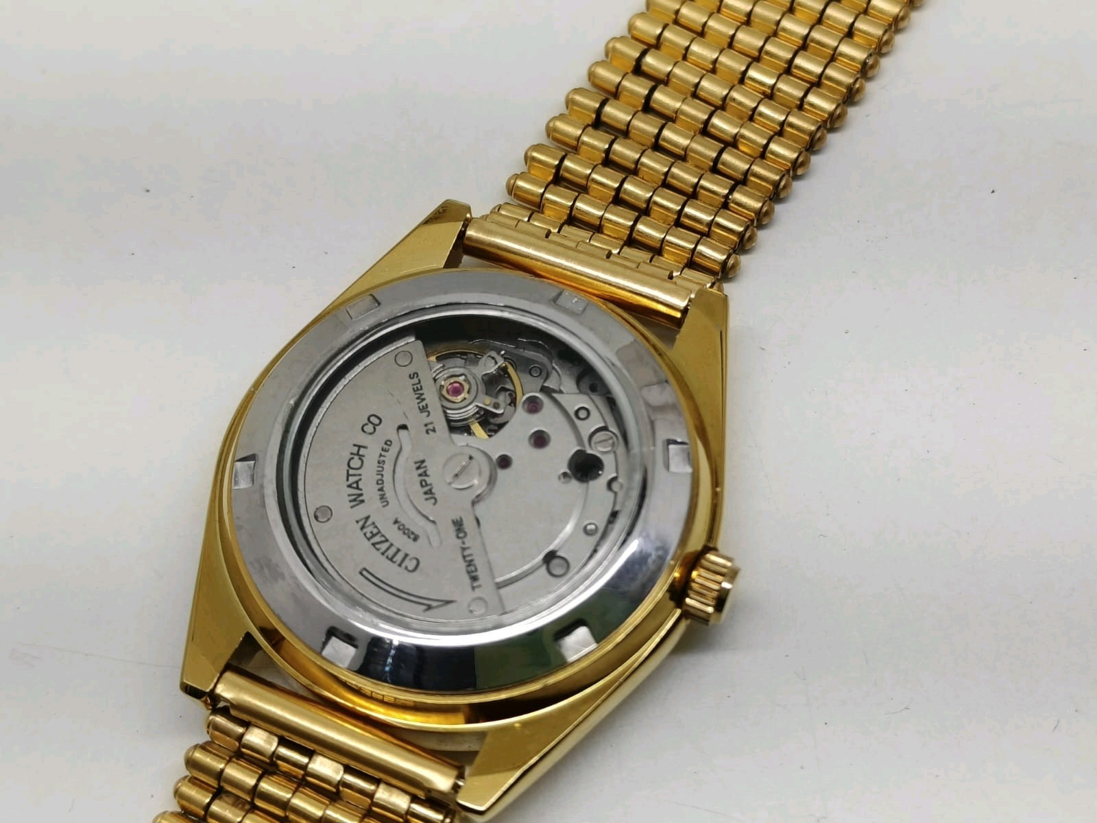 Transparent Back Japanese Citizen 21 Jewels Men's Wrist Watch Gold Dial Day-Date