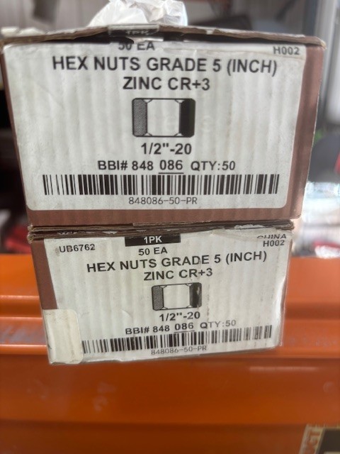 100- 1/2" -20 fine thread Grade 5 Finished Hex Nuts  Zinc Plated Steel (2 boxes)