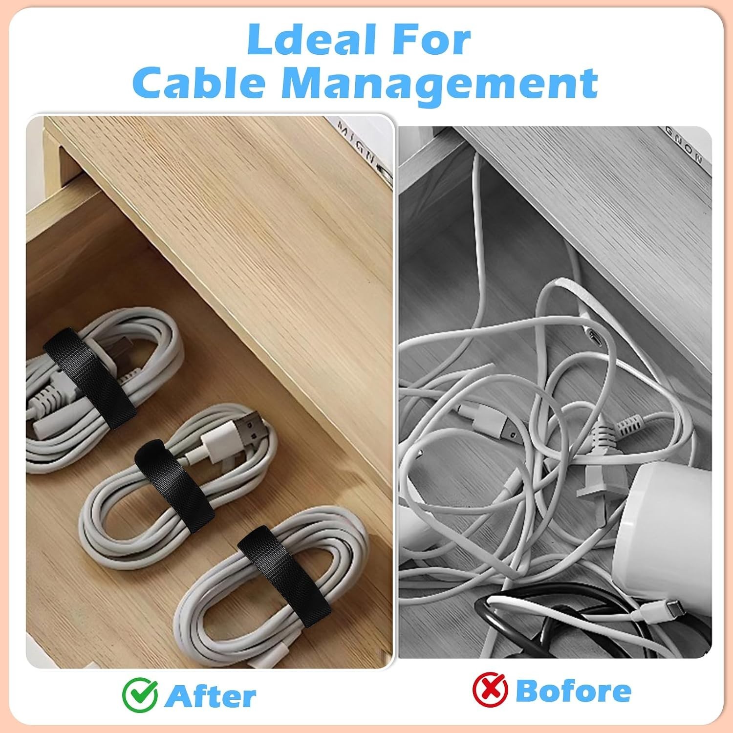 70 PCS Reusable Cable Ties for Wire Management, Hook Loop Straps & Organizers