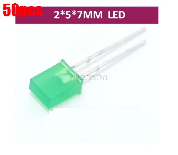 50Pcs 2X5X7MM Rectangle Green Green Led Light Emitting Diode ib