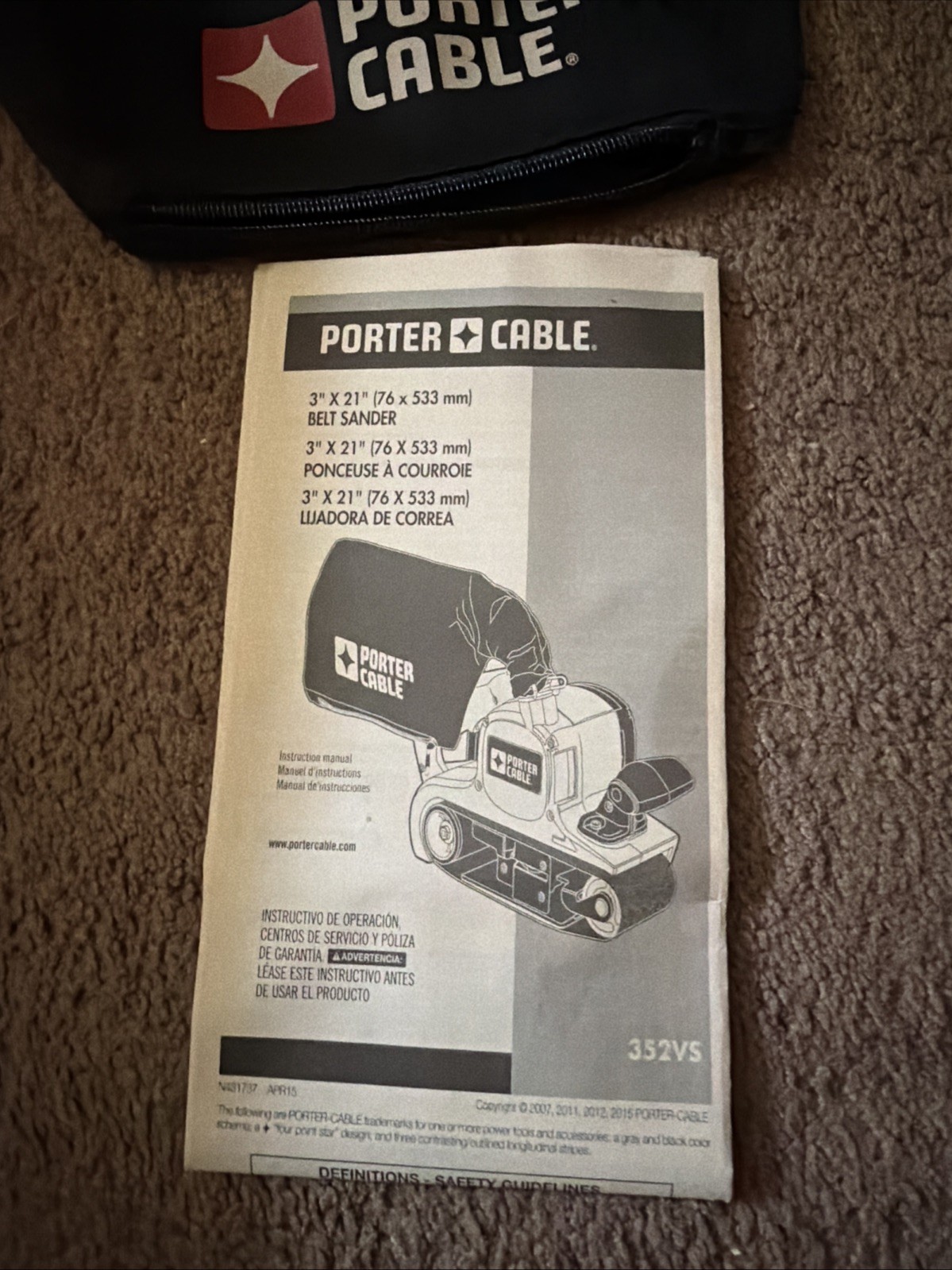 Porter Cable 352VS Type 4, 3" x 21" Variable Speed Belt Sander, w/ Dust Bag