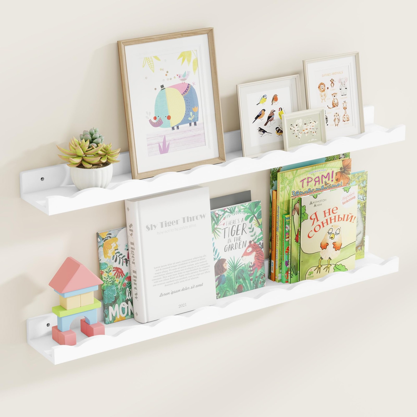 Picture Ledge Shelf for Wall, 36 inch Pine Wood Nursery Book Shelves Set of 2...
