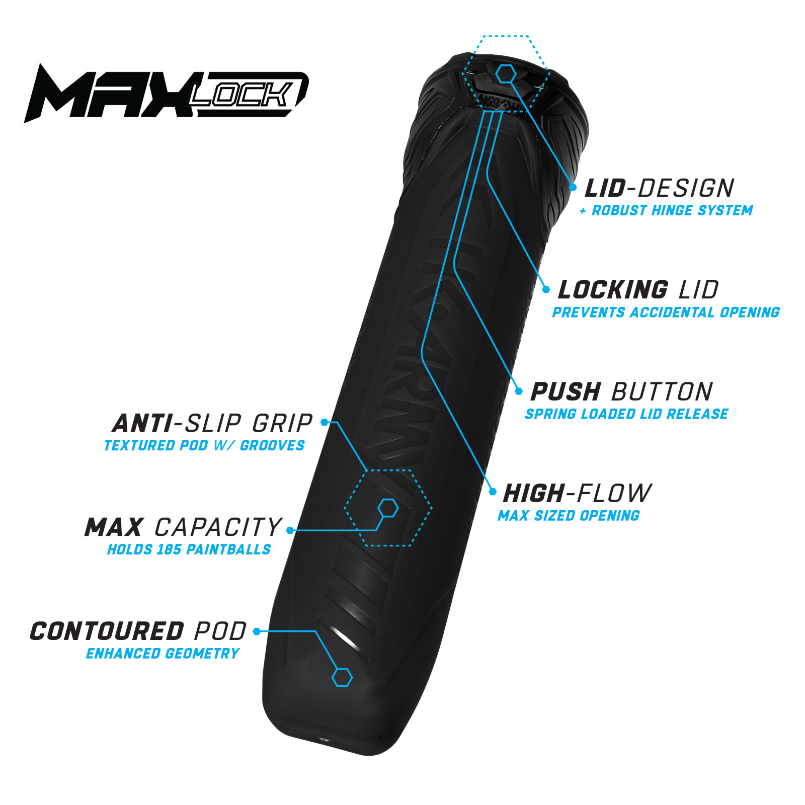 HK Army Maxlock Lock Lid Cobalt Blue Push Button 185 round Paintball - 6 Pods