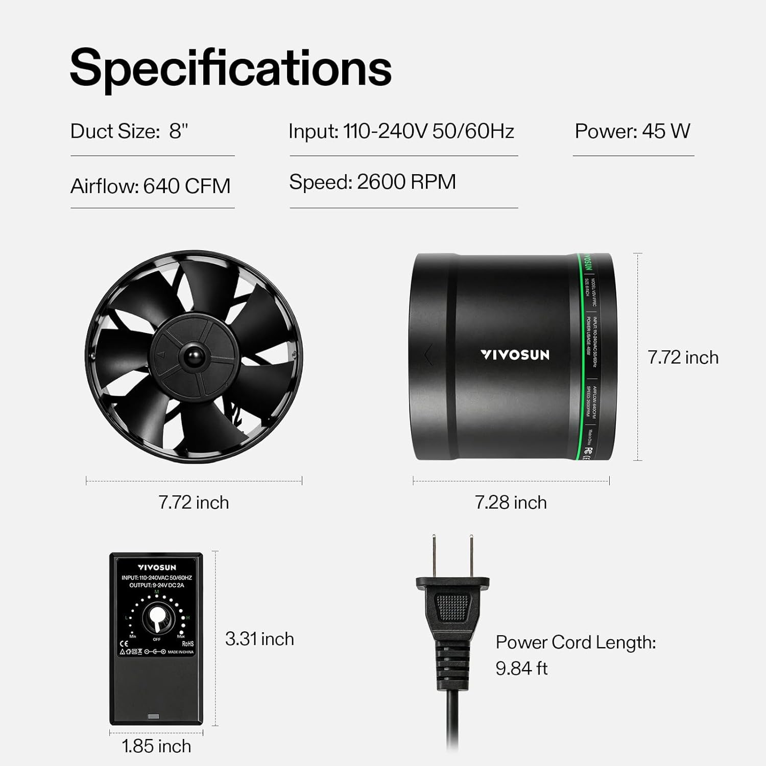 8” Inline Booster Fan with Speed Control, 640 CFM for Quiet Ventilation