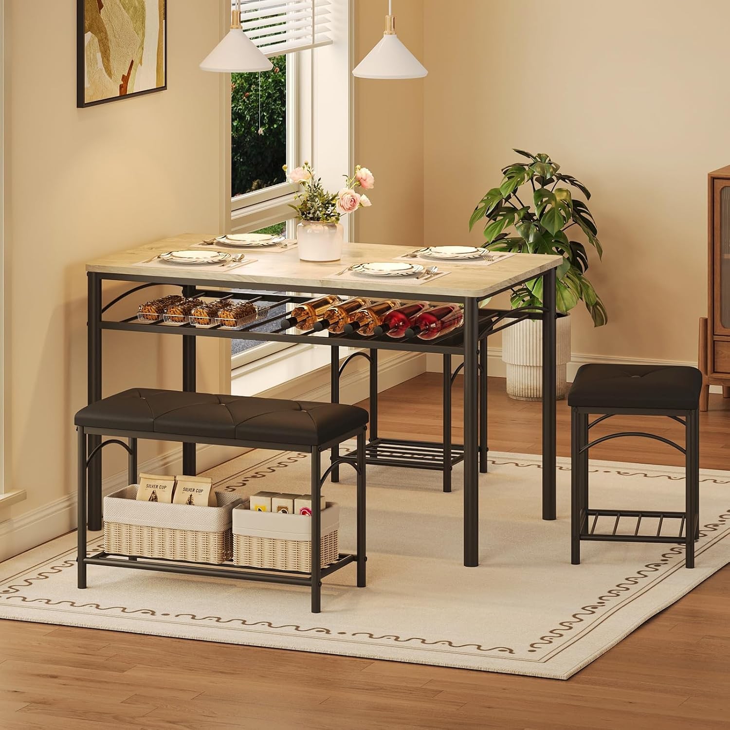 Dining Table Set 4 W/ Upholstered Benches & 2 Stools Modern Space Saving Kitchen