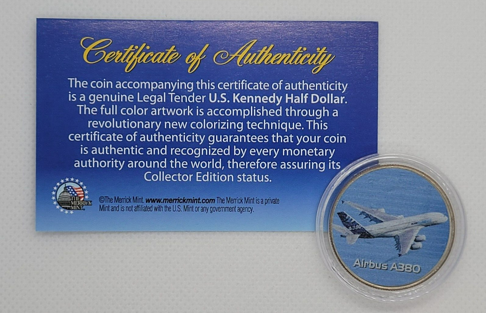 AIRBUS A380 (Airplane Series) JFK Kennedy Half Dollar Coin Merrick Mint With COA
