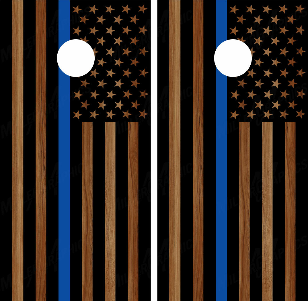 Police Thin Blue Line #4 American Flag (black) Woodgrain Cornhole Wraps Decals