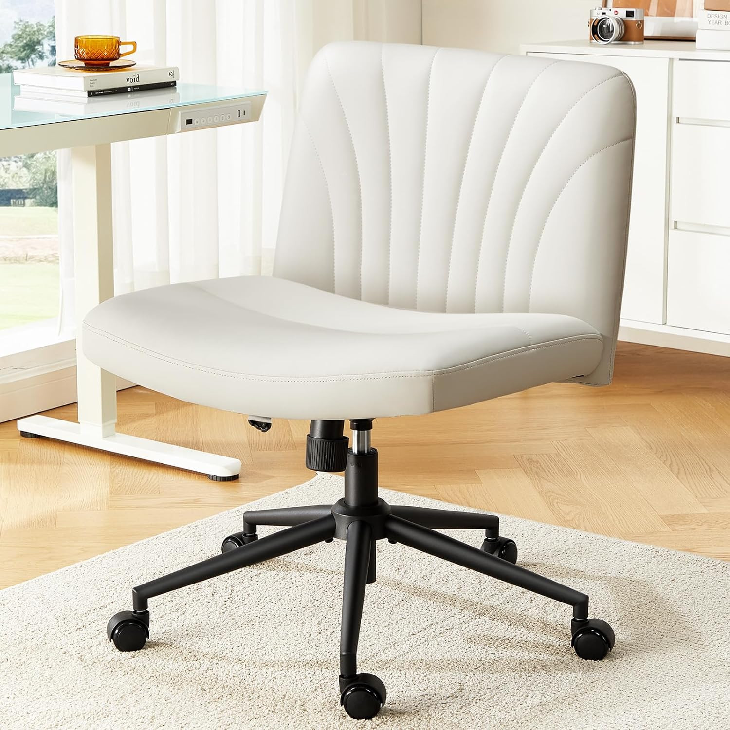 Criss Cross Chair with Wheels: PU Leather Cross Legged Office Chair Wide Armless