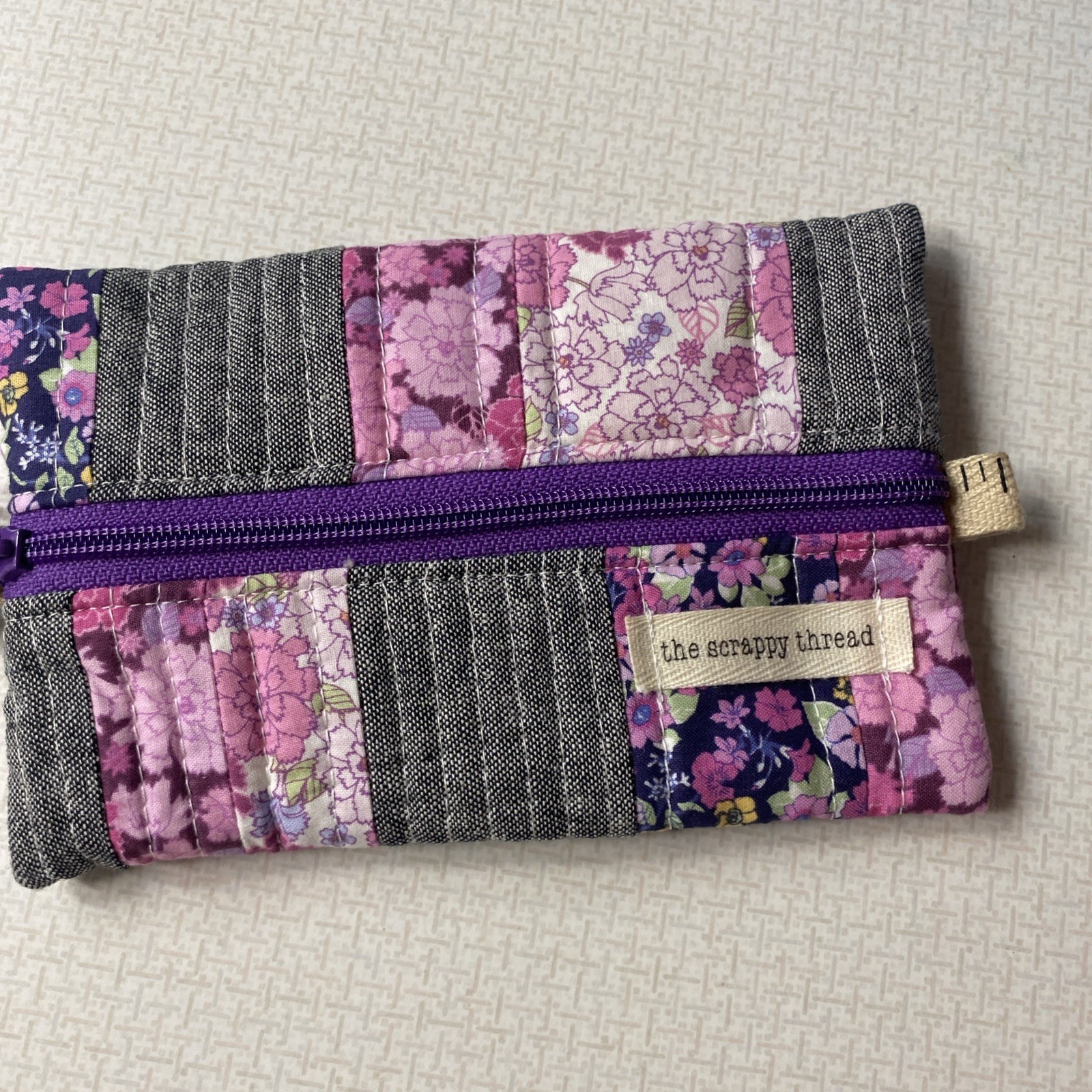 #21 The Scrappy Thread One of A Kind Flat Sack Notions Bag Lilac Pink Gray Green