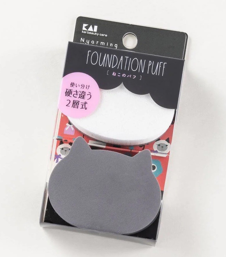 New KAI Nyarming Cat-Shaped Eyelash Curler & Foundation Puffs Bundle