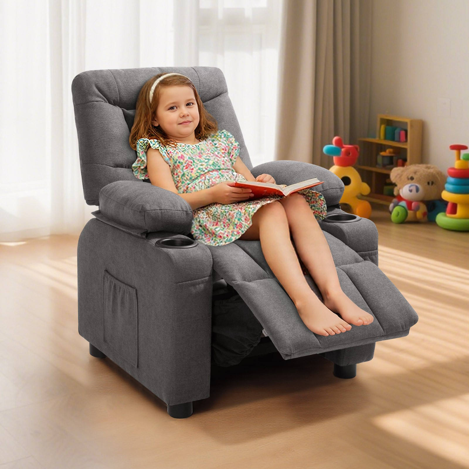 Uimoso Kids Reclining Chair Toddler Recliner with Cup Holders & Pockets (Grey)