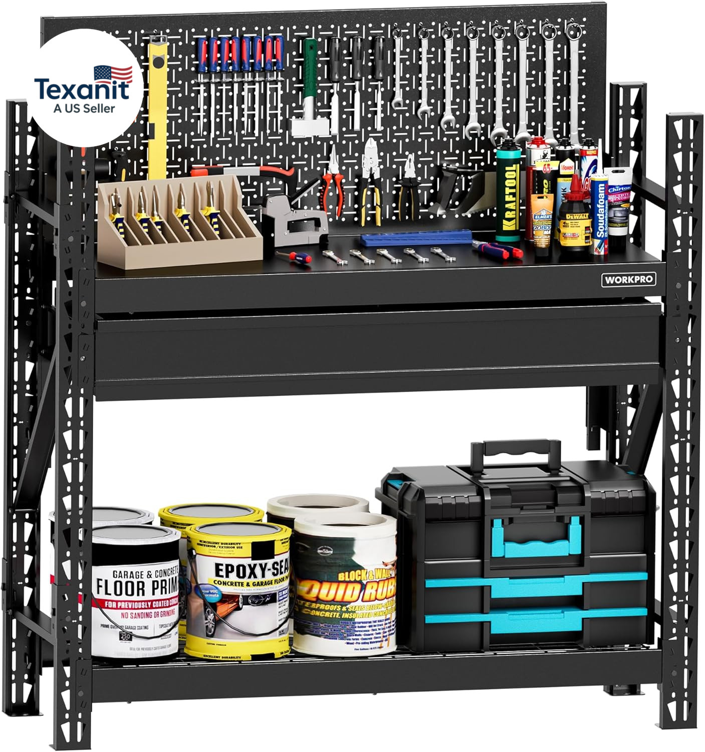 50" Heavy Duty Steel Workbench with Pegboard & Drawer, 3180Lbs Capacity Garage W