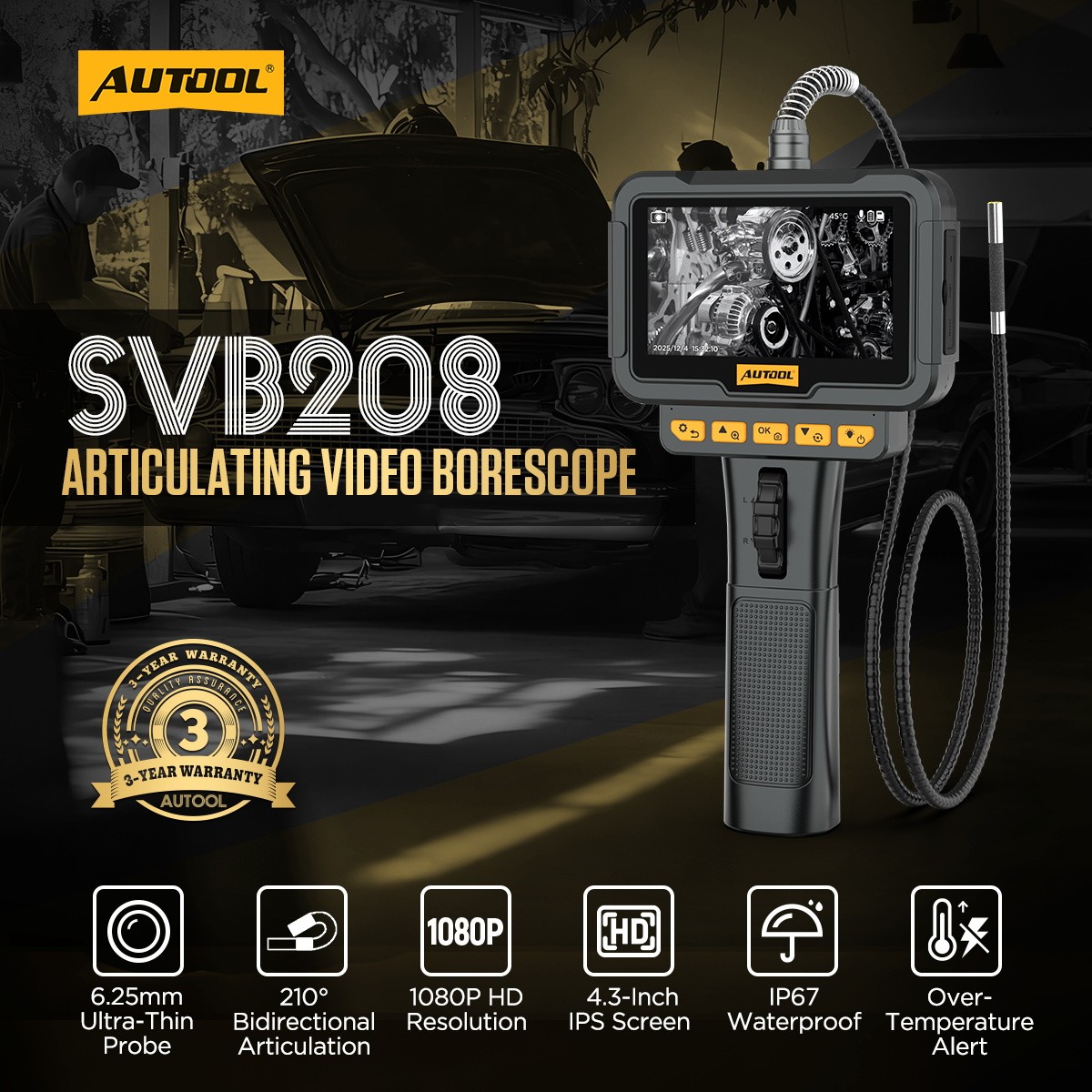 Industrial Endoscope Camera Borescope Inspection Camera 4.3" Screen 2-Way 360°