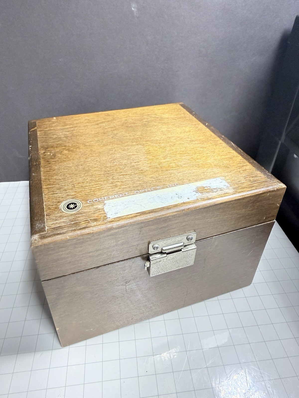 Vintage Coherent Optics Wood Storage Box from closed college lab empty