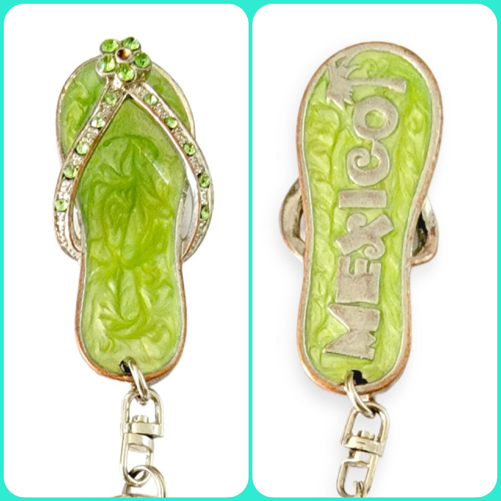 Mexico Flip Flop Keychain Vintage Rhinestone Metal Enamel Souvenir Keyring Flaw