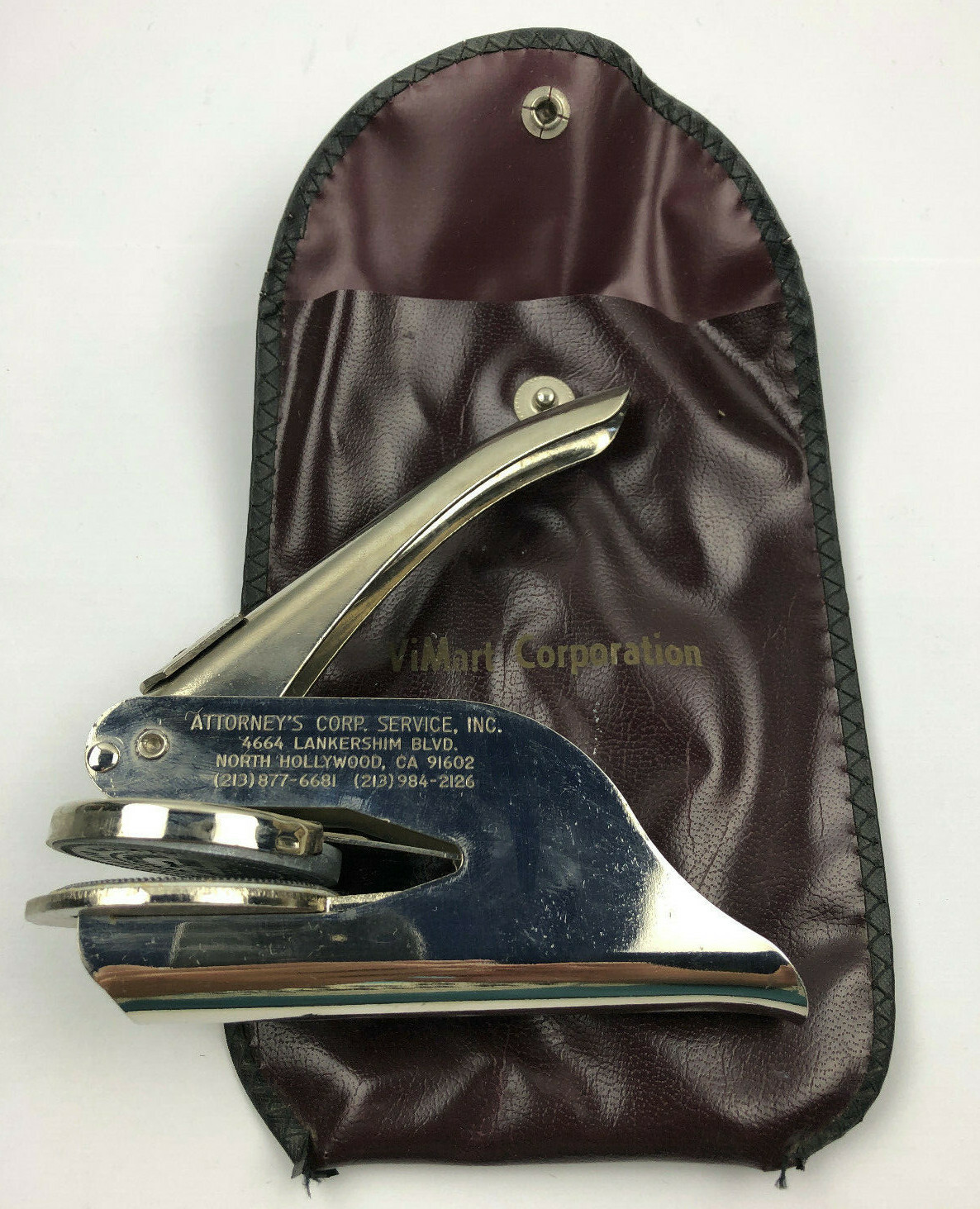 1983 CA Vimart Corporation  Hand Press Pocket Seal Embossing Stamp and Pouch