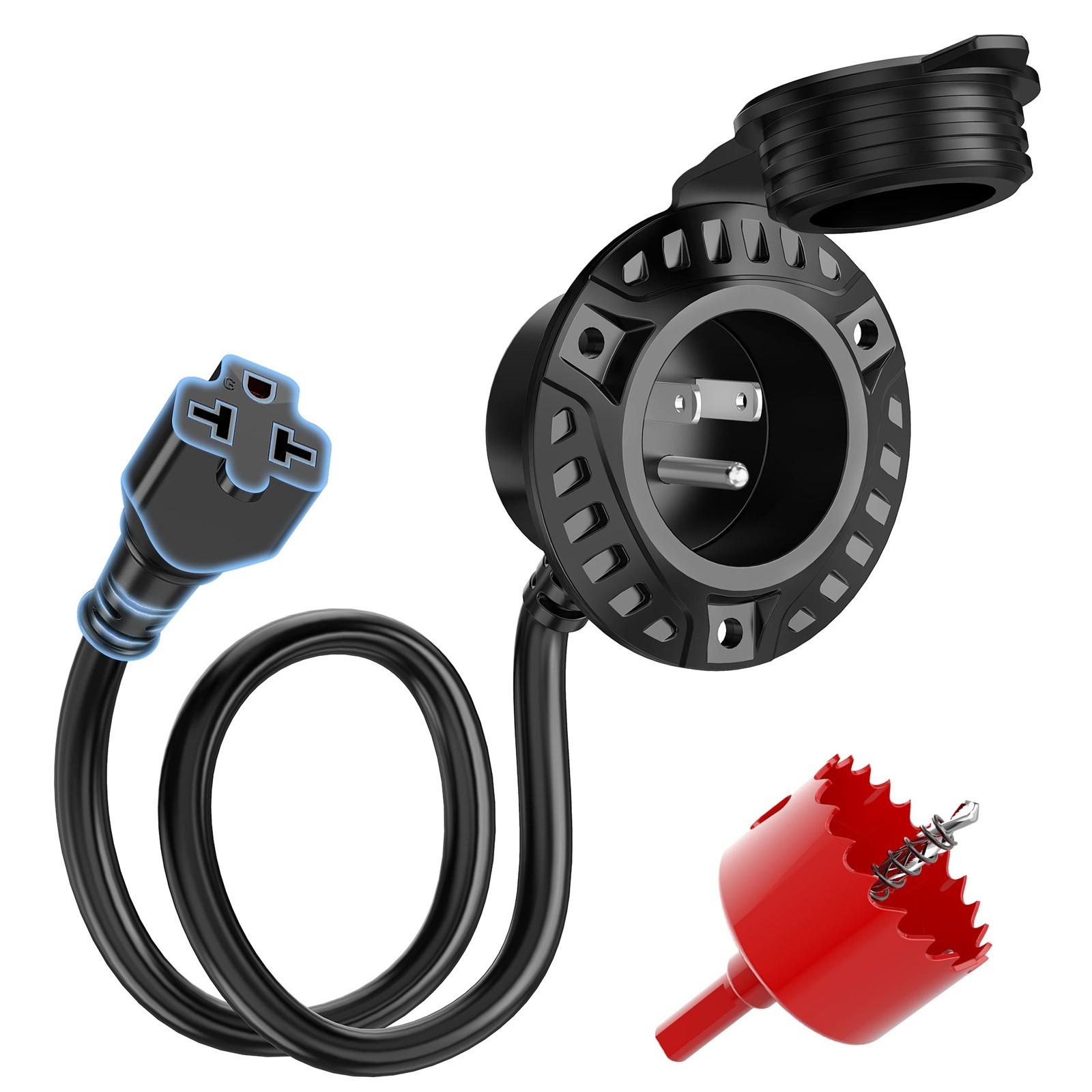 20A 125v AC Plug Port T-blade Adapter Hole Saw 18" Extension Cord For Rv Shore