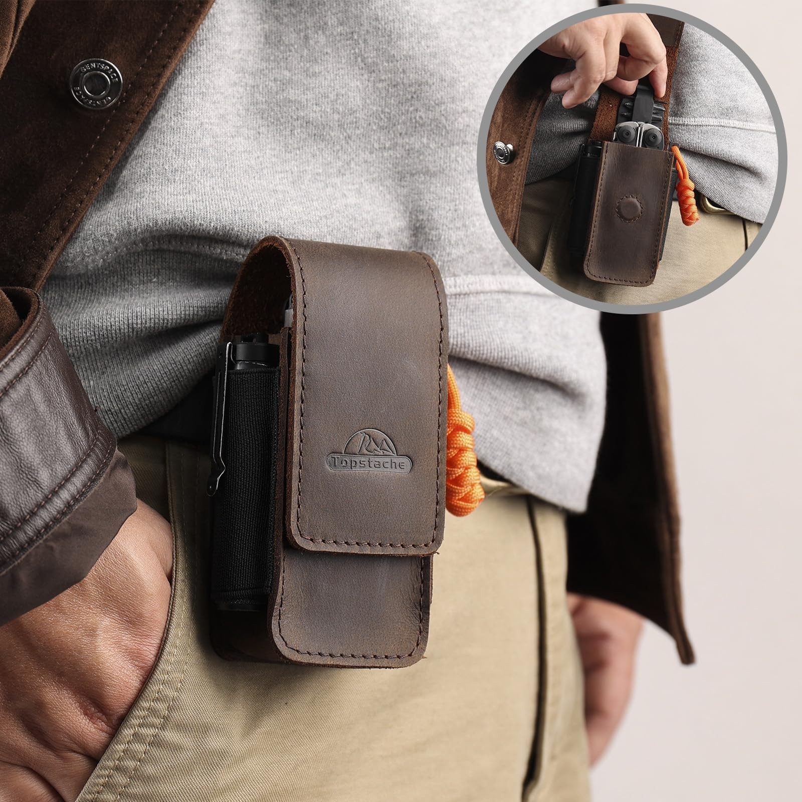 Topstache Leather Multitool Sheath for Belt - Large, Darkbrown