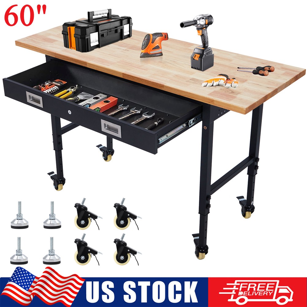 60"x 22" Workbench Adjustable Height Worktable 2000 lbs w/ Power Outlet & Drawer