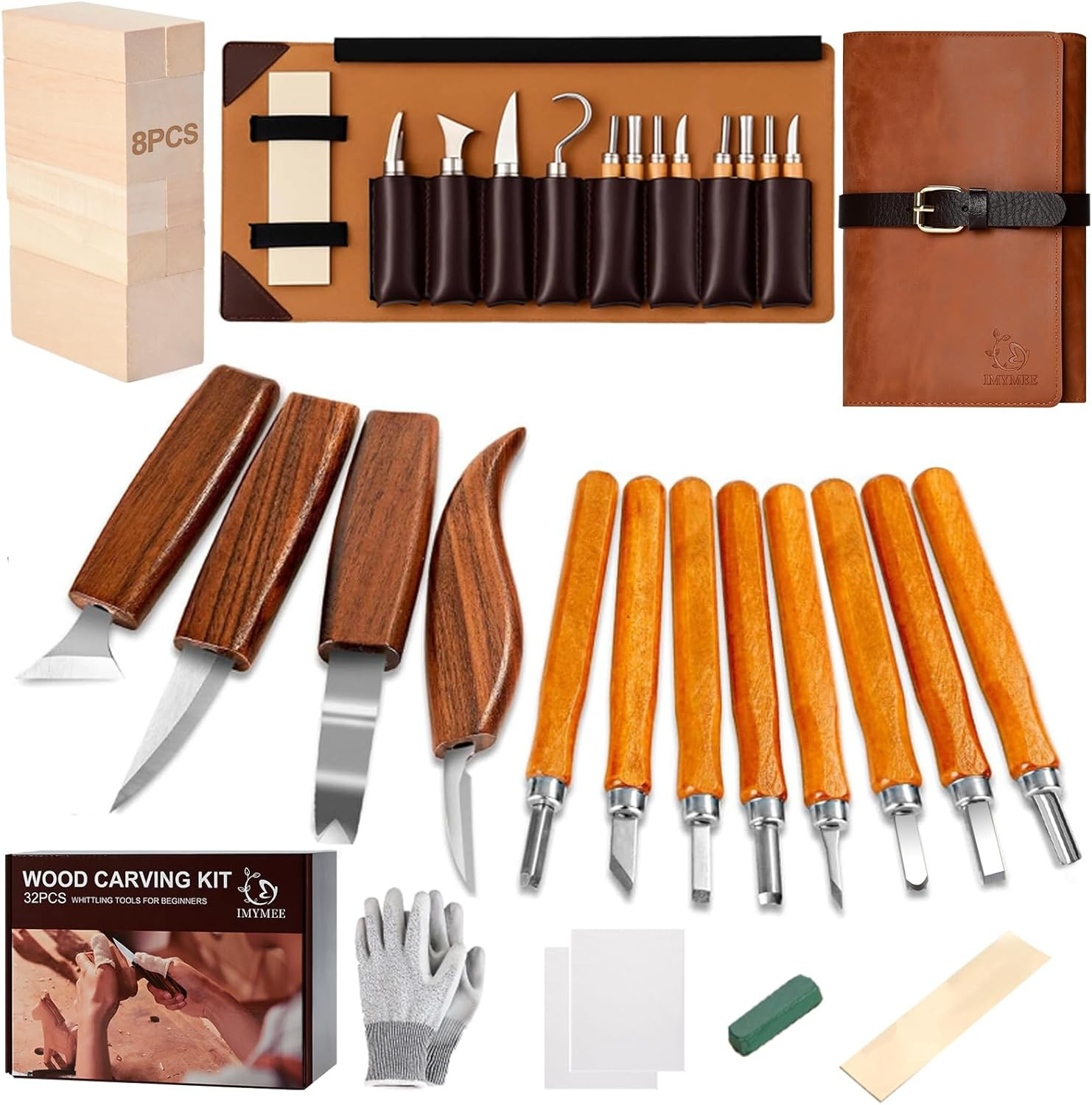 Wood Carving Kit Deluxe Set Whittling Tools Knives Basswood Gloves Case 32 pcs