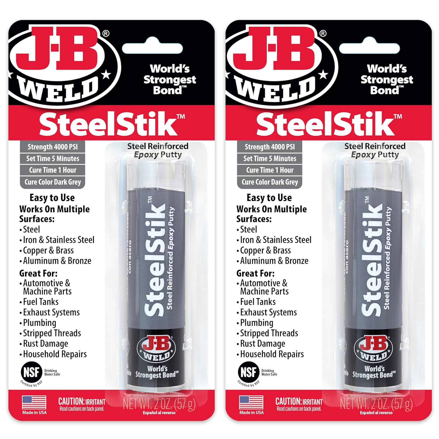 J-B Weld Steelstik, 1 Hour Cure, Steel Reinforced Epoxy Putty Stick - 2 Pack, Da