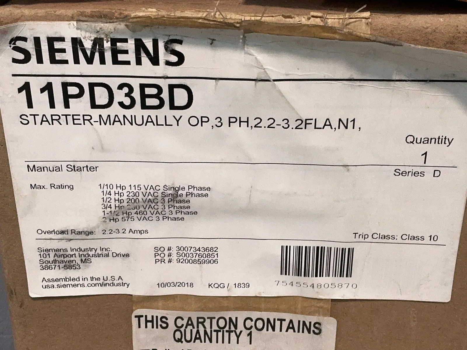 SIEMENS STARTER 11PD3BD