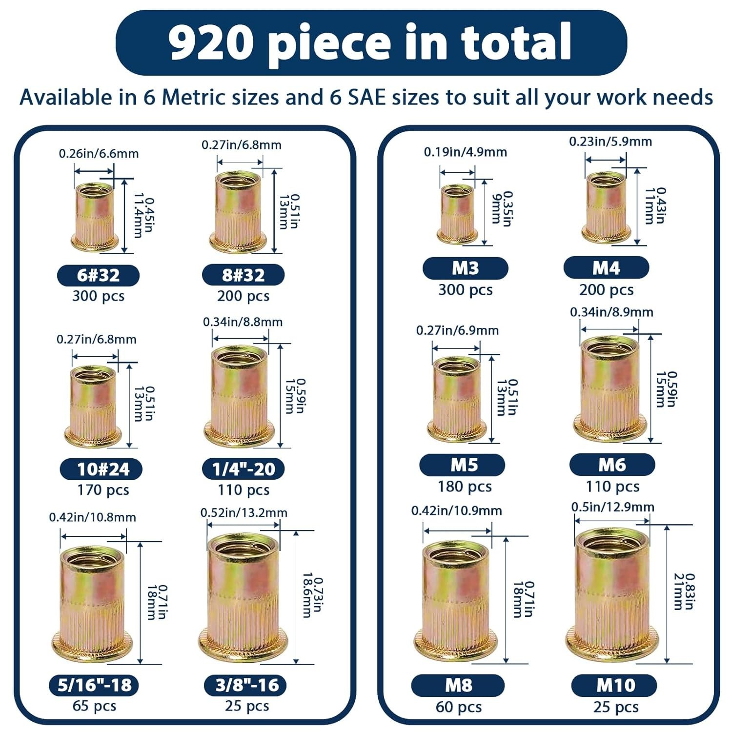 Metric & SAE Rivet Nut Set: 920 Pcs for Convenient Storage & Easy Installation