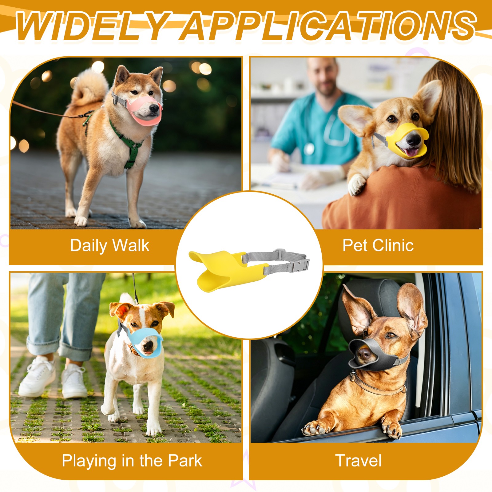 Silicone Dog Muzzle, Soft Silicone Mouth Cover with Adjustable Strap (Yellow, M)