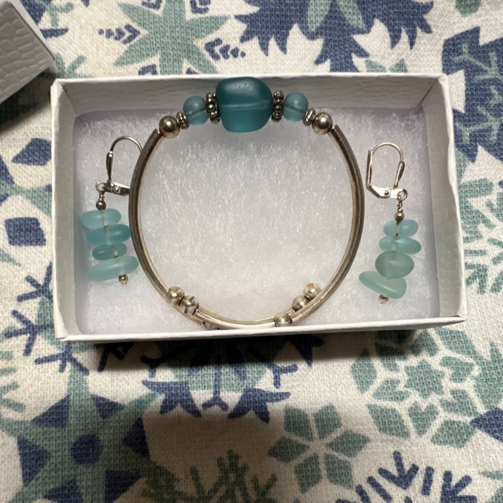 Handcrafted Blue Glass Bangle Bracelet & Earrings Set Silver-Tone Round Beach