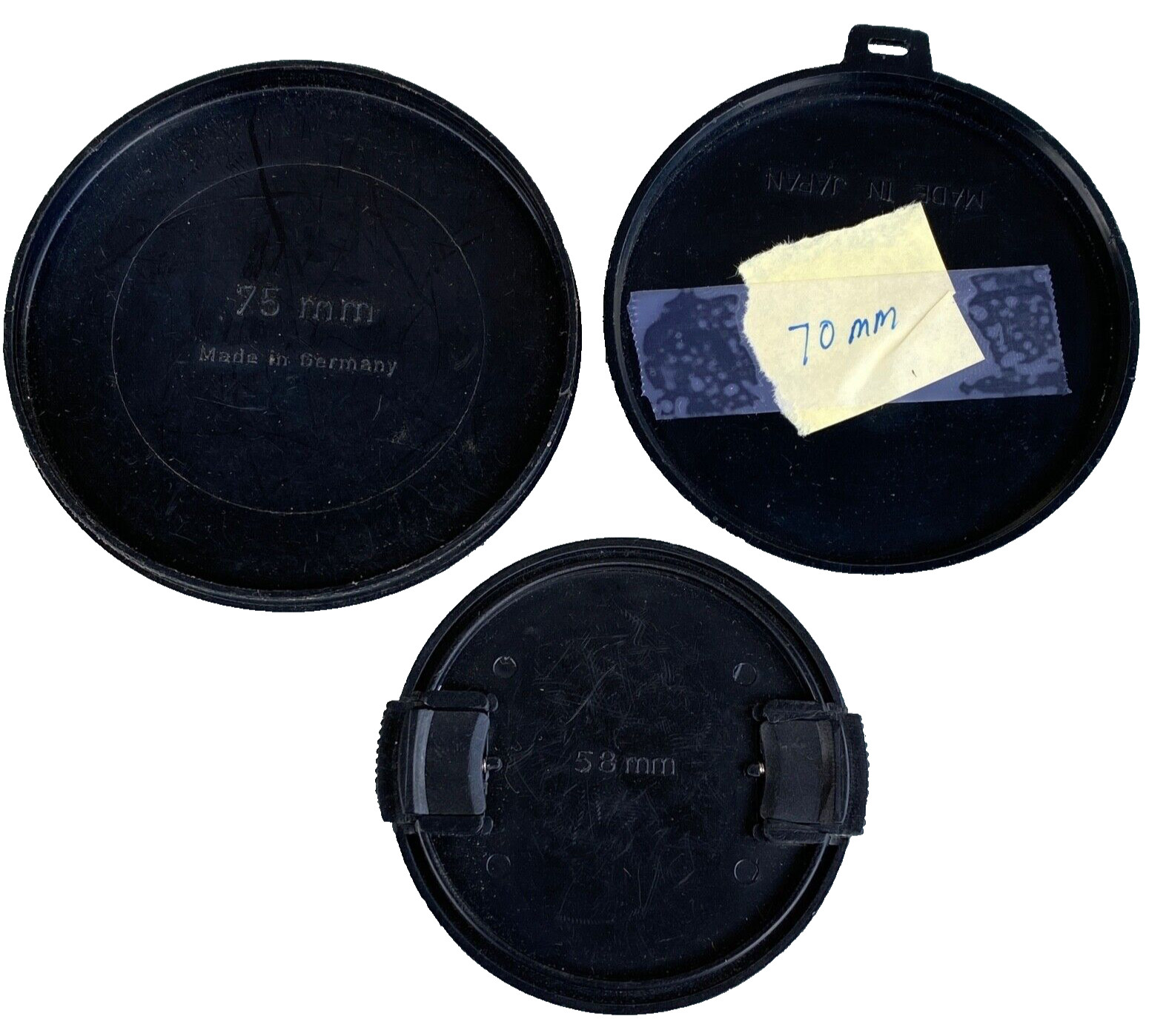 Vintage Camera Lens Covers Caps 75mm 70mm 58mm Plastic Black Made Japan Germany