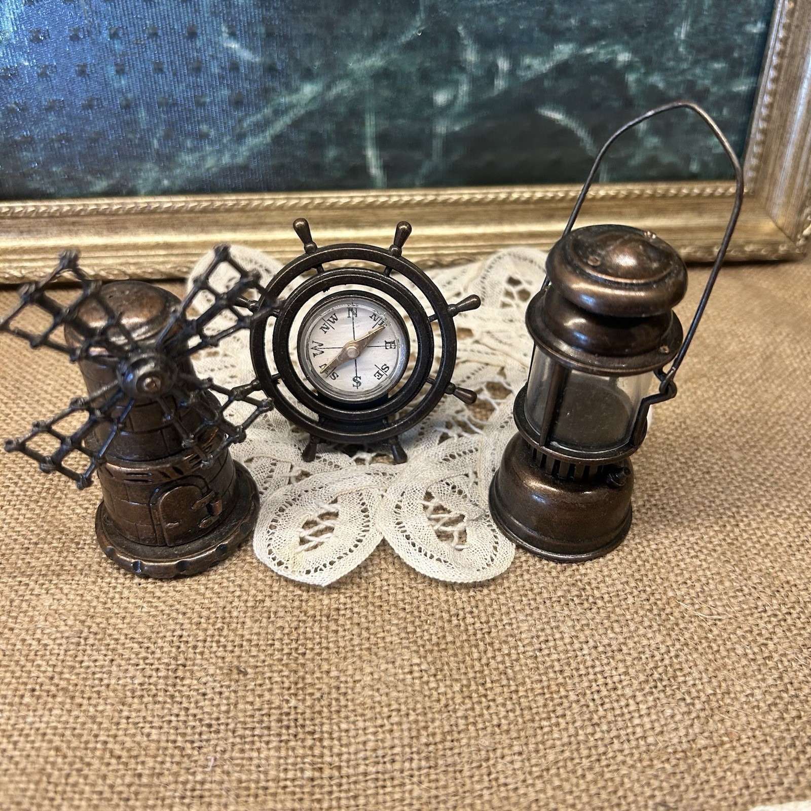 Vintage Spain Die-Cast Metal Pencil Sharpener Lot -Windmill, Ship Wheel, Lantern