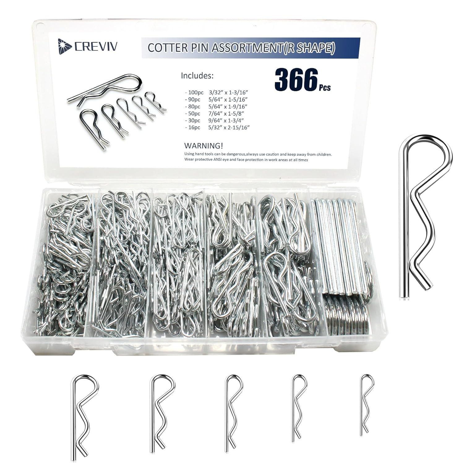 366 Pcs Cotter Pin Assortment Kit, 6 Sizes R Clip R Pin Set, Galvanized Carbon S