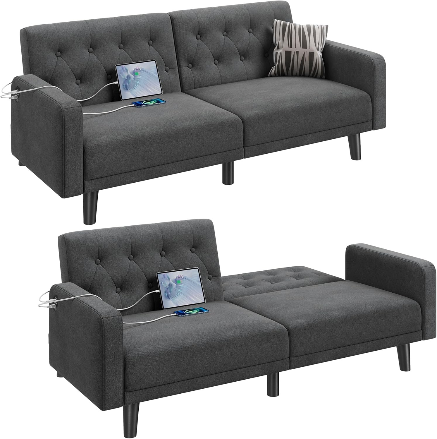 63" Convertible Couch Small Futon Sofa Bed USB Ports, Reclining