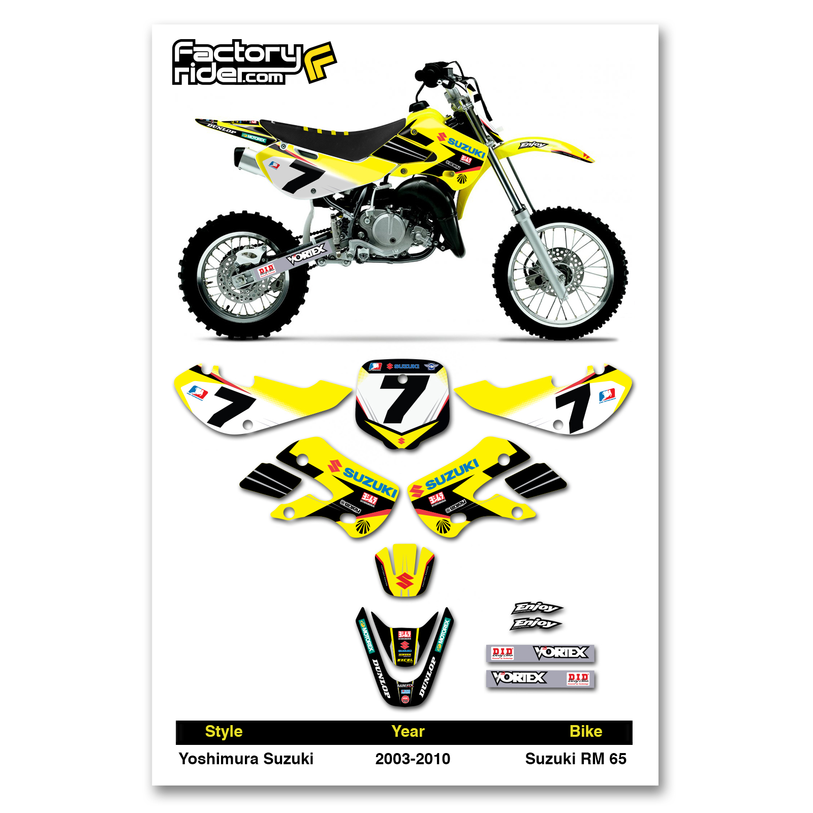 2003-2010 SUZUKI Rm 65  Graphics Kit James Stewart Dirt Bike Graphics kit