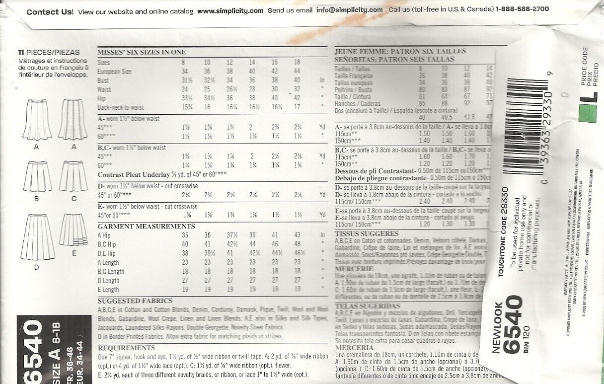 NEW LOOK 6540 MISSES' SIZE 8-18 SKIRTS PATTERN  ©2005